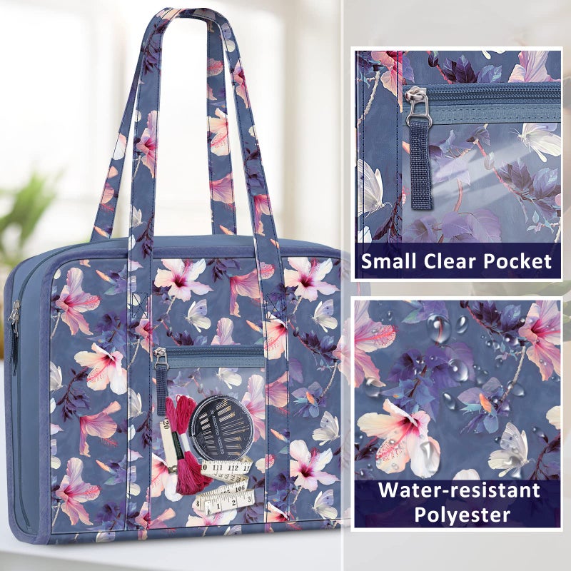 FINPAC Sewing and Craft Supplies Storage Tote, Large Capacity Travel Packing Organizer Bag with Clear Pockets and Handle for Knitting, Crochet, Art, Sewing Accessories (Blooming Hibiscus) - Image 5