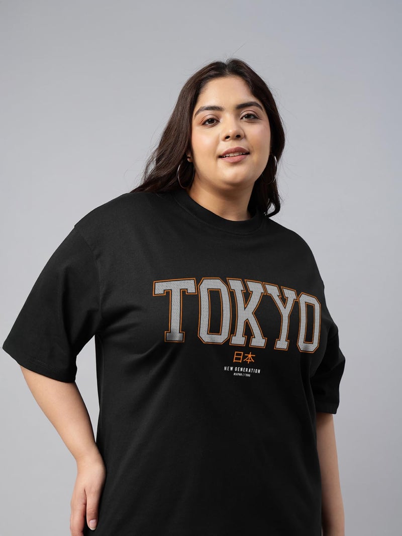 JUNEBERRY® 100% Pure Cotton Oversized Fit Latest & Trendy All Over Prints Half Sleeve Plus Size T-Shirt for Women & Girls (PS_JBTKYO_BLK_3XL) - Image 3