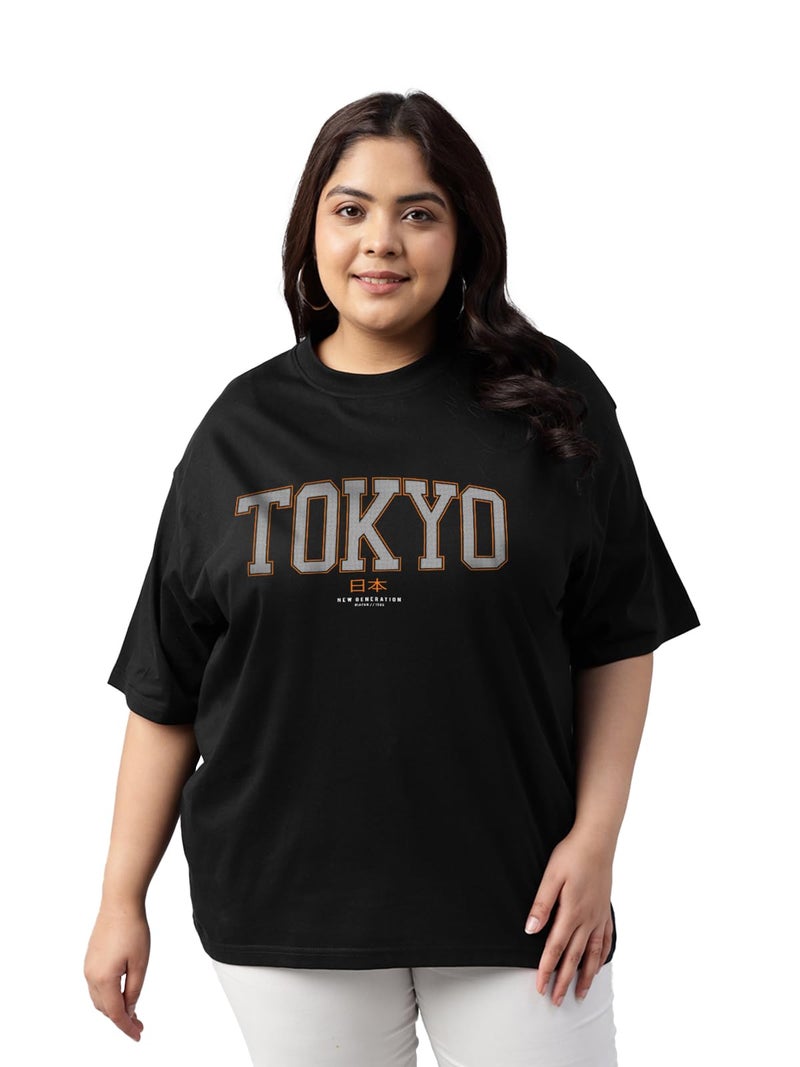 JUNEBERRY® 100% Pure Cotton Oversized Fit Latest & Trendy All Over Prints Half Sleeve Plus Size T-Shirt for Women & Girls (PS_JBTKYO_BLK_3XL) - Image 1