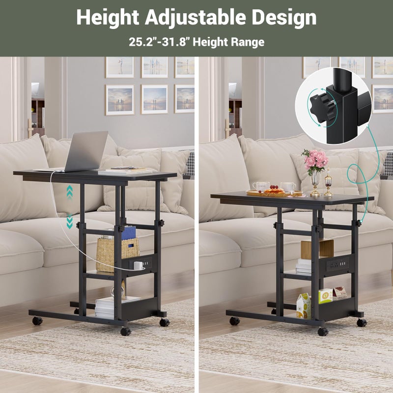 Besiost Height Adjustable End Table with Charging Station, Mobile C Shaped Laptop Side Table with Wheels, 3-Tier Sofa Couch Table with Storage Shelve for Living Room Bedroom, Grey Oak - Image 2