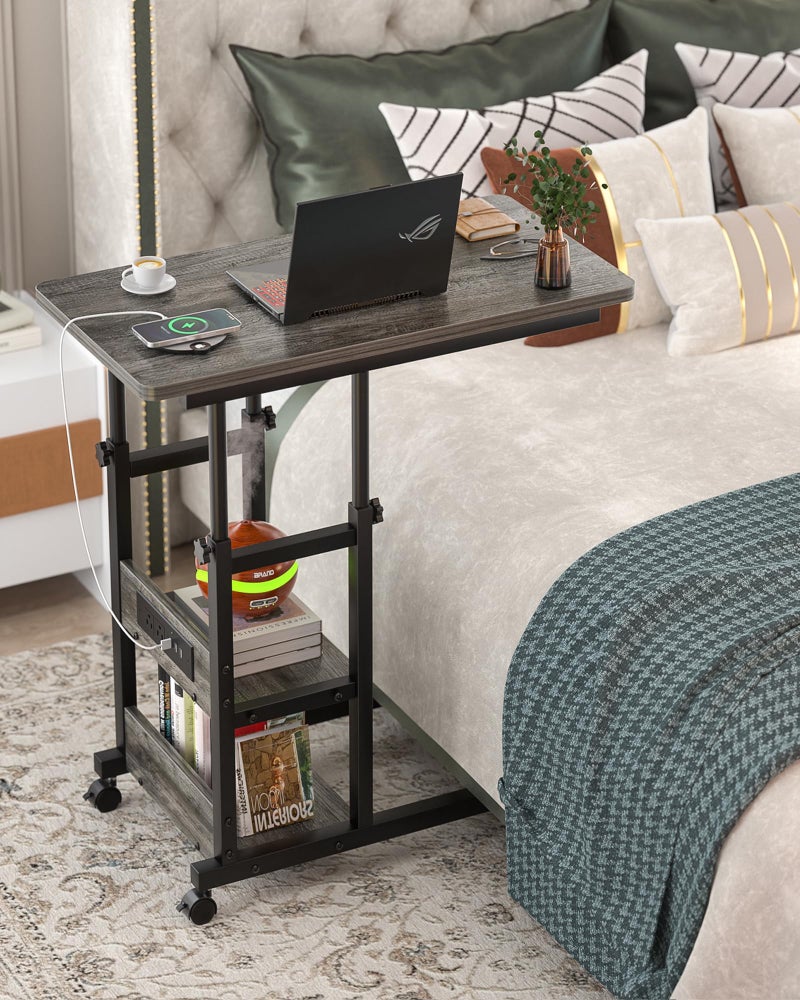 Besiost Height Adjustable End Table with Charging Station, Mobile C Shaped Laptop Side Table with Wheels, 3-Tier Sofa Couch Table with Storage Shelve for Living Room Bedroom, Grey Oak - Image 1