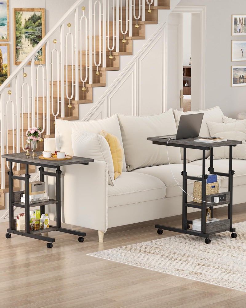 Besiost Height Adjustable End Table with Charging Station, Mobile C Shaped Laptop Side Table with Wheels, 3-Tier Sofa Couch Table with Storage Shelve for Living Room Bedroom, Grey Oak - Image 4