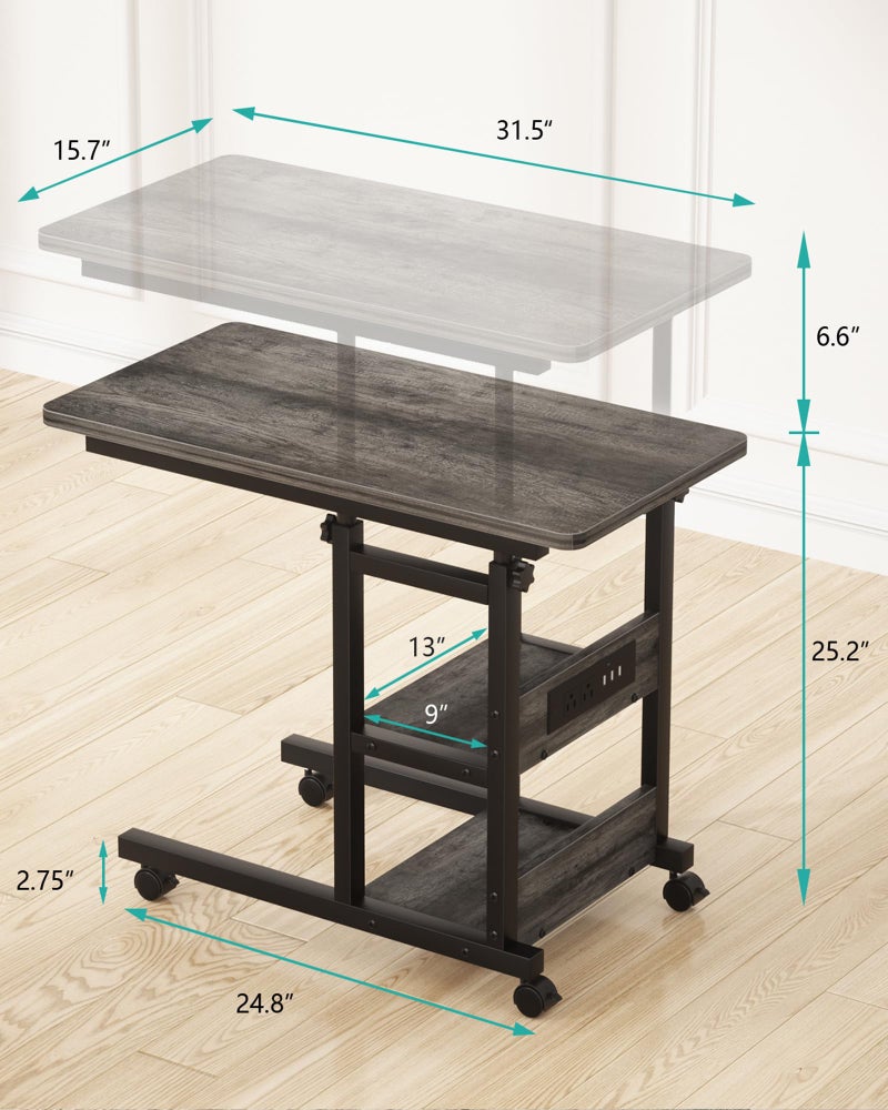 Besiost Height Adjustable End Table with Charging Station, Mobile C Shaped Laptop Side Table with Wheels, 3-Tier Sofa Couch Table with Storage Shelve for Living Room Bedroom, Grey Oak - Image 3