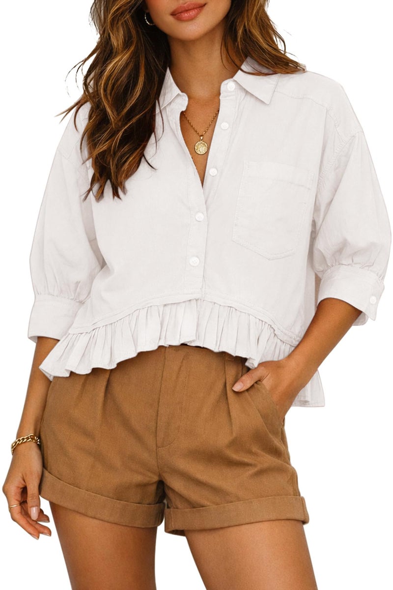 CHYRII Womens Summer Tops Dressy Casual Blouse Top Ruffled Short Sleeve Button Down Shirt White L - Image 1