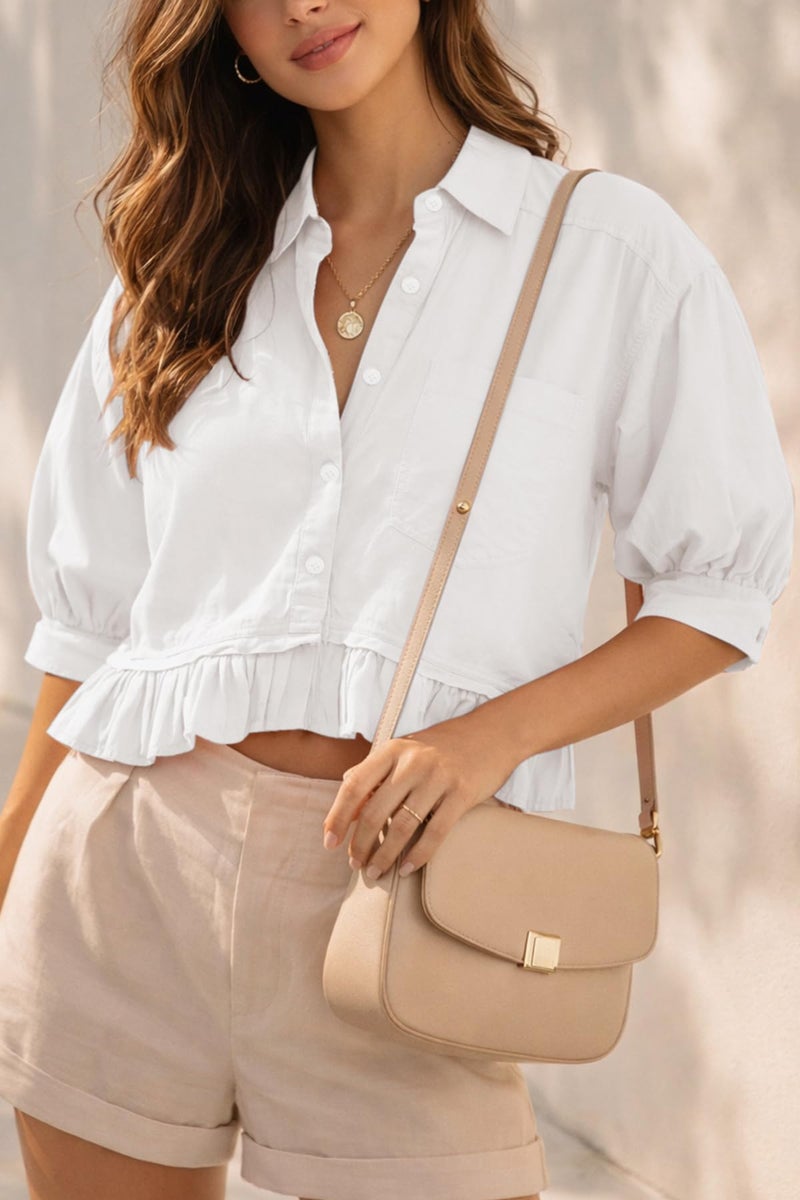 CHYRII Womens Summer Tops Dressy Casual Blouse Top Ruffled Short Sleeve Button Down Shirt White L - Image 4
