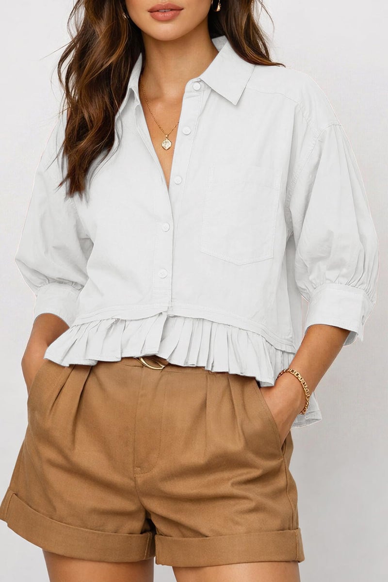 CHYRII Womens Summer Tops Dressy Casual Blouse Top Ruffled Short Sleeve Button Down Shirt White L - Image 2