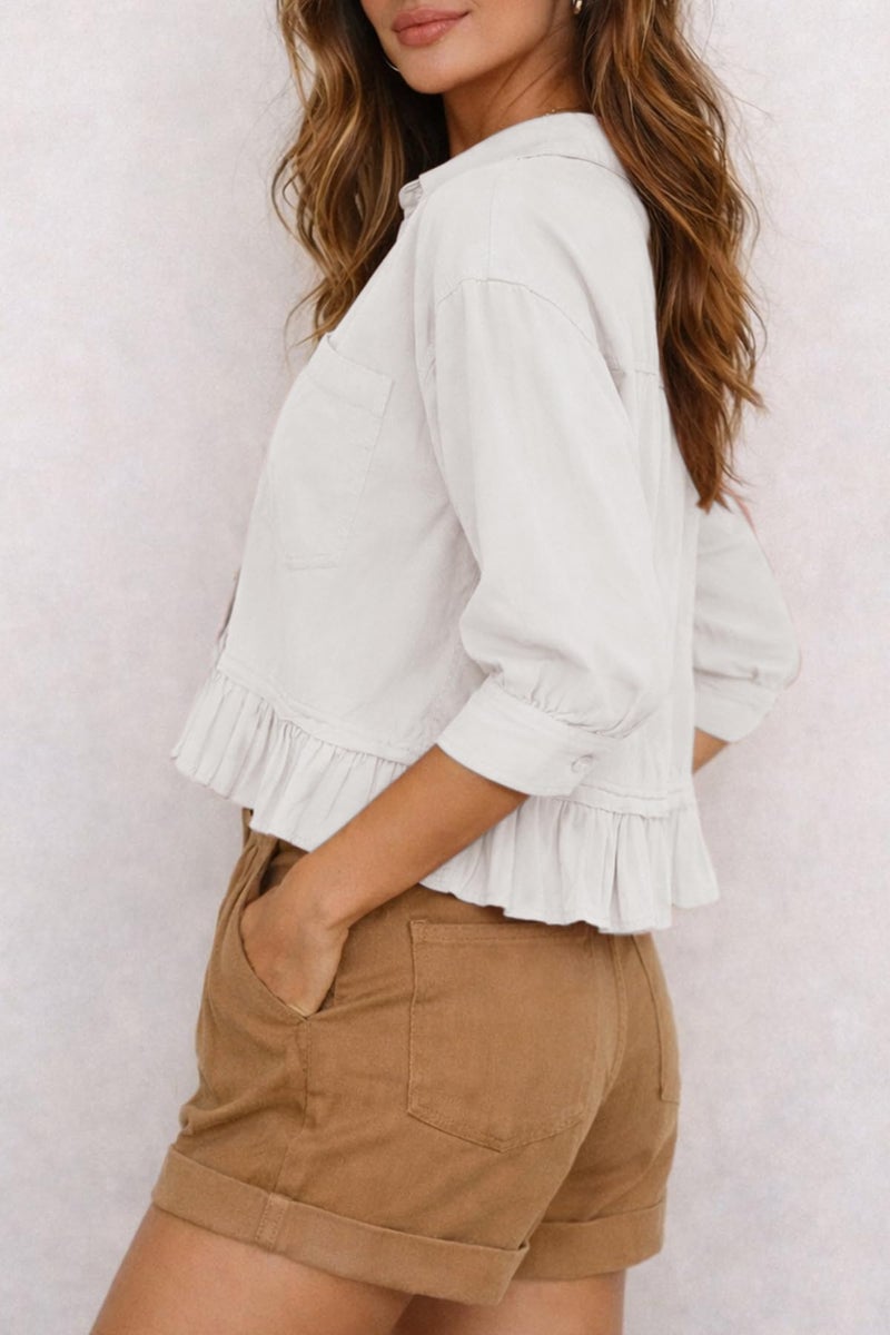 CHYRII Womens Summer Tops Dressy Casual Blouse Top Ruffled Short Sleeve Button Down Shirt White L - Image 3
