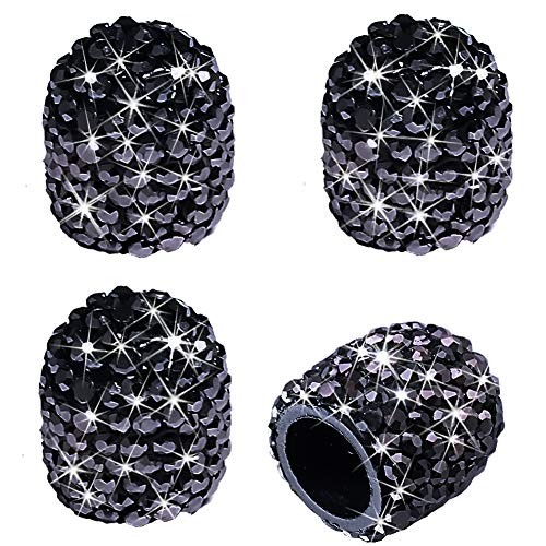 DBlosp Valve Stem Caps, 4 Pack Handmade Black Crystal Rhinestone Universal Car Tire Valve Caps Chrome,Attractive Dustproof Bling Car Accessories - Black Diamond - Image 1