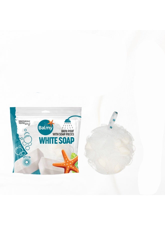 Balmy White Bath Sponge with soap pebbles 67gm  | Soft Cleansing Sponge for a Refreshing Bath Experience - Image 1