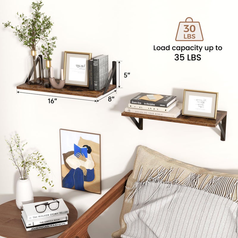 Axeman Floating Shelves for Wall, 16W x 8D Wood Floating Shelves Set of 2, 8'' Deep Rustic Wall Shelves for Bookshelf Living Room Bedroom Home Office Bathroom - Image 5