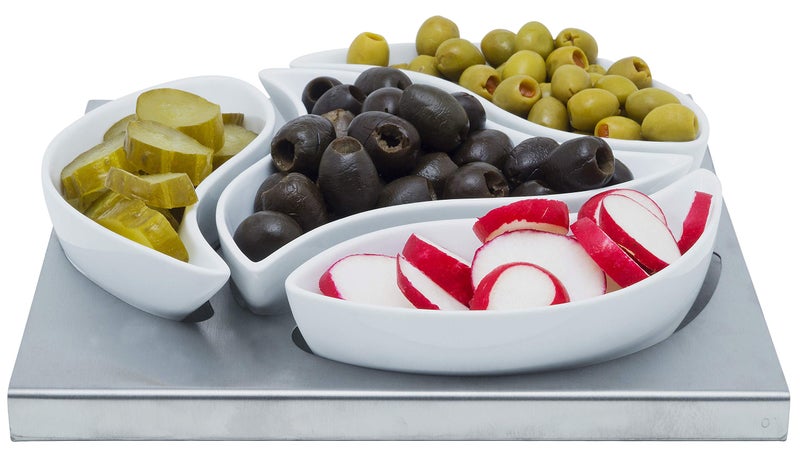 Stephanie Imports طقم 4 أطباق تقديم توابل من السيراميك الأبيض مع صينية من الفولاذ المقاوم للصدأ بتصميم عصري منحني