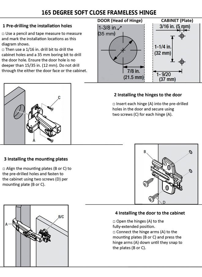 Berta 2-Pack 165 Degree Hinges Frameless Cabinet Doors Hinges Concealed Hydraulic Adjustable Mounting Hinges Soft Closing Nickel-Plated Steel Buffer Dampers for Wardrobe,1 Pair (Full Overlay) - pzsku/Z4F6F583B9DA0C5E1556FZ/45/_/1740982919/21067619-e78b-4503-81b4-b10116a684f6