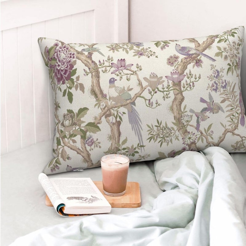 GOLIANDA Chinoiserie Pillow Covers 12x20 Inch Set of 2 Purple Green Floral Bird Throw Pillows Vintage Flowers Bird Decorative Pillow Cases Outdoor Lumbar Decor Farmhouse Cushion Cases for Couch Sofa - Image 2