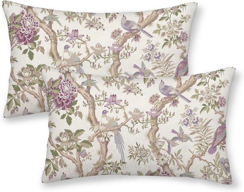 GOLIANDA Chinoiserie Pillow Covers 12x20 Inch Set of 2 Purple Green Floral Bird Throw Pillows Vintage Flowers Bird Decorative Pillow Cases Outdoor Lumbar Decor Farmhouse Cushion Cases for Couch Sofa - Image 1