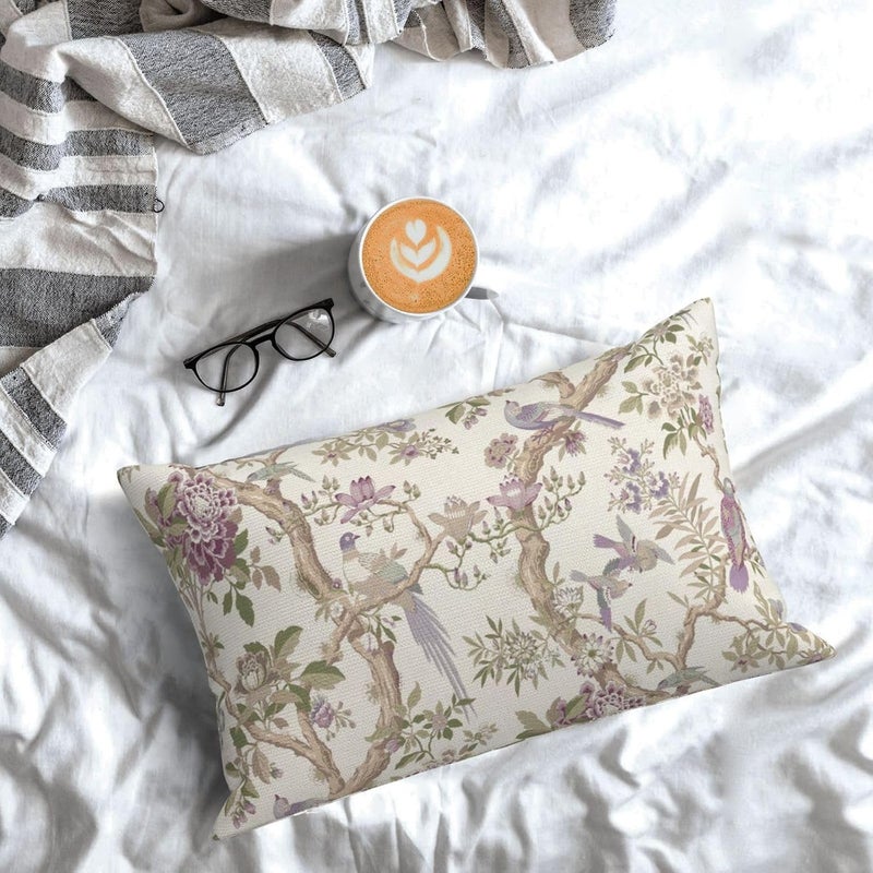 GOLIANDA Chinoiserie Pillow Covers 12x20 Inch Set of 2 Purple Green Floral Bird Throw Pillows Vintage Flowers Bird Decorative Pillow Cases Outdoor Lumbar Decor Farmhouse Cushion Cases for Couch Sofa - Image 3