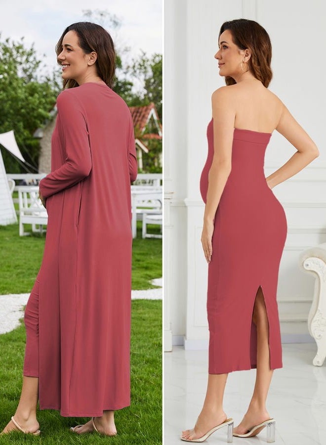 Ecavus Maternity Tube Dress Long Cardigan 2 Piece for Baby Shower and Wedding Guest Ribbed Maternity Photoshoot Dresses, Red Wood, L - Image 5