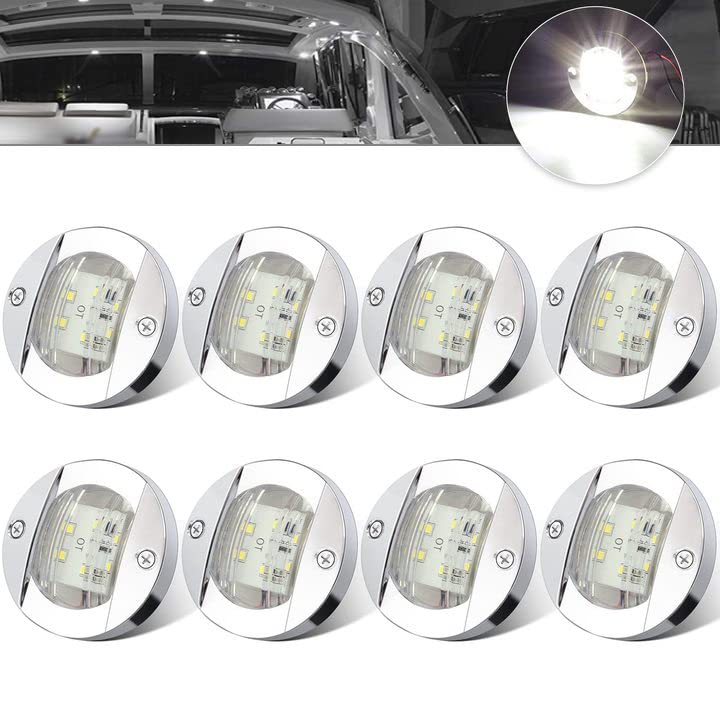 ALFU 8PCS White DC12V 6 LED Side Marker Navigation Lights Waterproof Marine Boat Yacht Round Transom Anchor Stern Lights with Chrome Bezel - Image 1