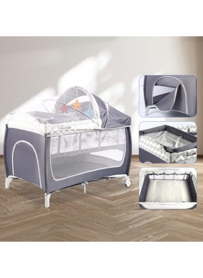 GGEROU - Baby Crib,Portable Playard, Multi Functional Movable Bed with Removable Diaper Table,Portable Travel Crib with Wheels Grey - Image 1