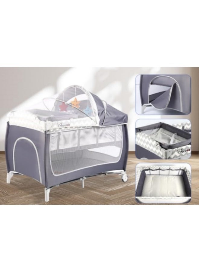 GGEROU - Baby Crib,Portable Playard, Multi Functional Movable Bed with Removable Diaper Table,Portable Travel Crib with Wheels Grey - Image 1