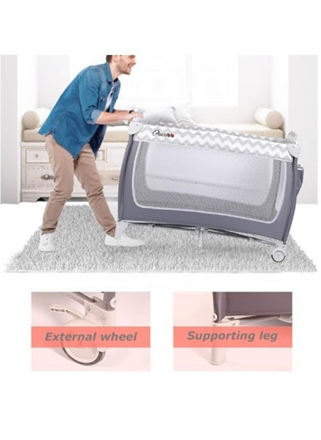 GGEROU - Baby Crib,Portable Playard, Multi Functional Movable Bed with Removable Diaper Table,Portable Travel Crib with Wheels Grey - Image 1