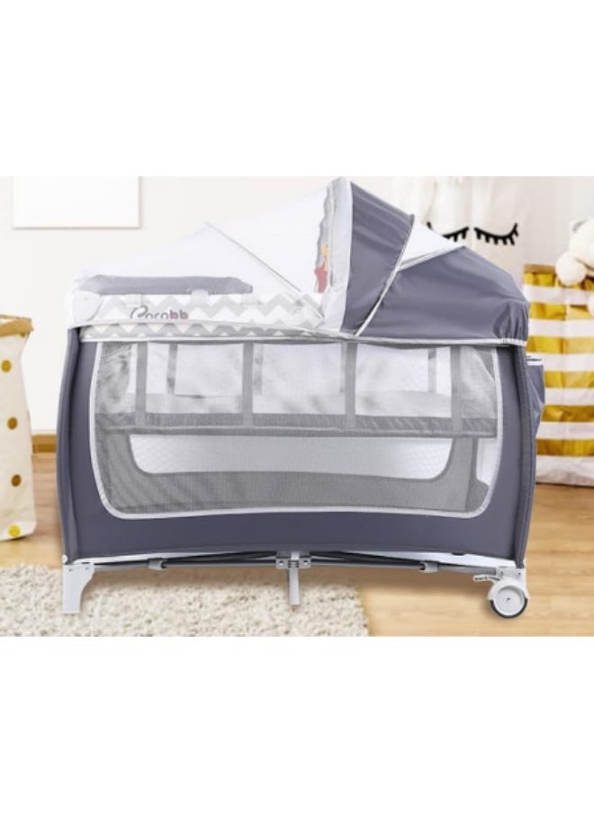 GGEROU - Baby Crib,Portable Playard, Multi Functional Movable Bed with Removable Diaper Table,Portable Travel Crib with Wheels Grey - Image 1