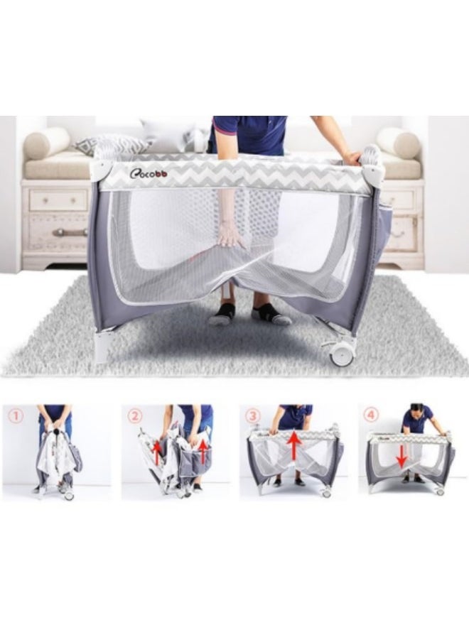 GGEROU - Baby Crib,Portable Playard, Multi Functional Movable Bed with Removable Diaper Table,Portable Travel Crib with Wheels Grey - Image 1
