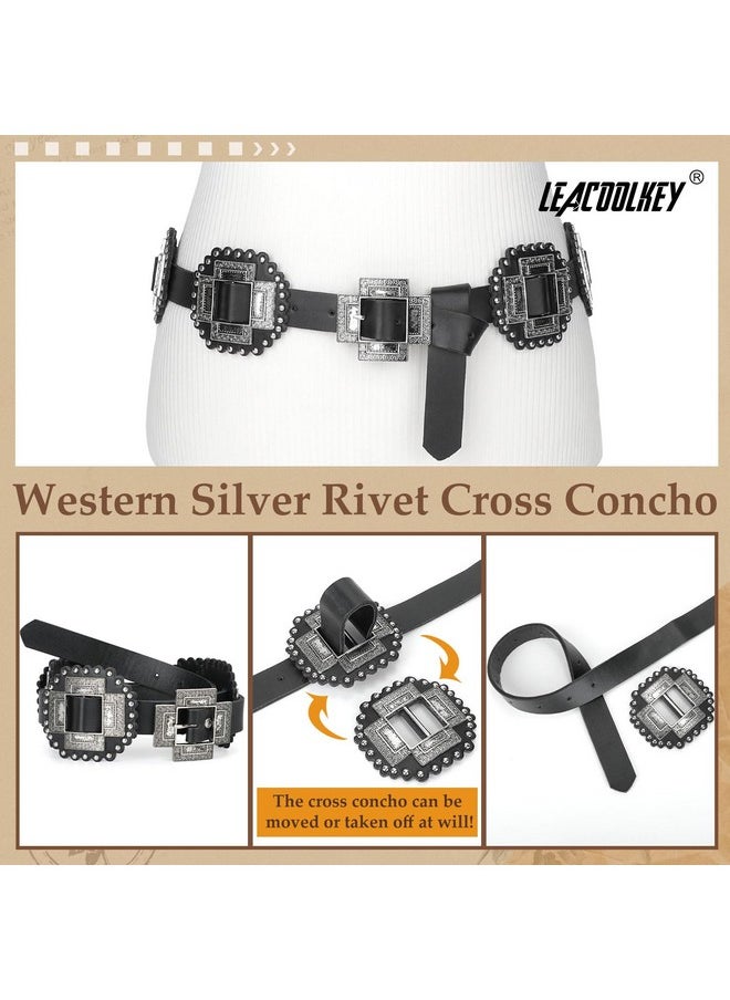LEACOOLKEY - Women Western Leather Belt Boho Cross Conch Waist Belt For Dress Jeans - Image 1