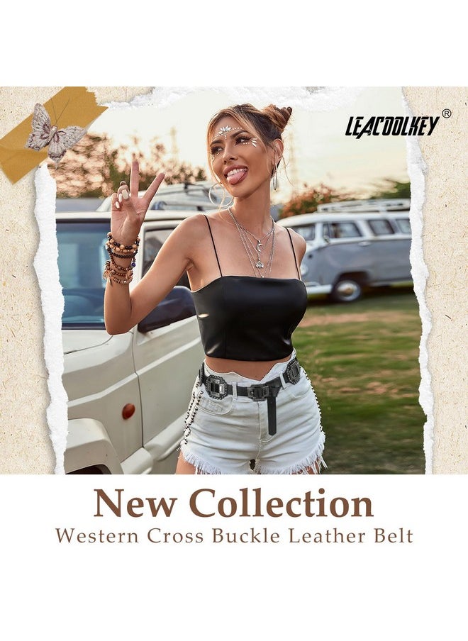 LEACOOLKEY - Women Western Leather Belt Boho Cross Conch Waist Belt For Dress Jeans - Image 1