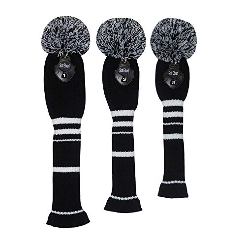 Scott Edward Black Color White Stripes Golf Pom Pom Head Covers Set of 3 for Wood Clubs, Rotating Number Tags - Image 2