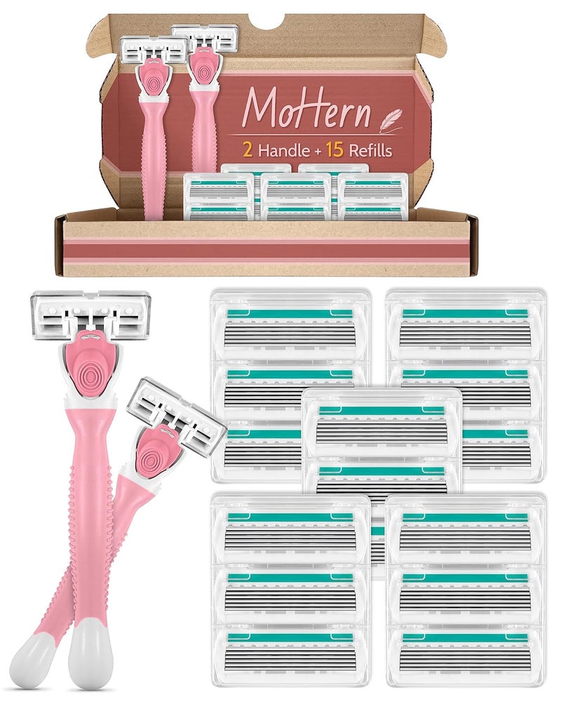 Razors for Women Sensitive Skin with 15 Blade Refills 6 Blades Womens razors for Shaving Including 2 Travel Razors for Women with 15 Blade RefillsGreen