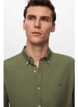 D'S DAMAT Slim Fit Khaki Oxford Button-down Collar Easy Ironable Embroidered Detailed Cotton Shirt 4HC02ORT03265  - Image 3