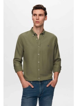 D'S DAMAT Slim Fit Khaki Oxford Button-down Collar Easy Ironable Embroidered Detailed Cotton Shirt 4HC02ORT03265  - Image 1