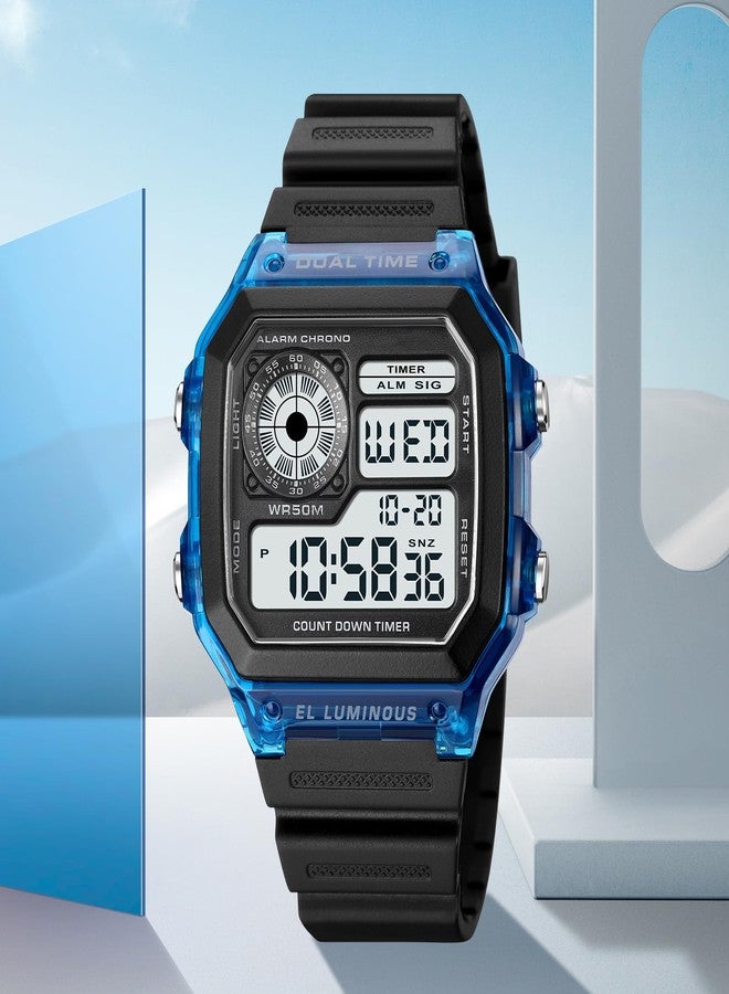 PASOY Mens Digital Multi-Function 2 Time Rubber Alarm Stopwatch Countdown Backlight Swim Waterproof Watch Large blue - Image 4