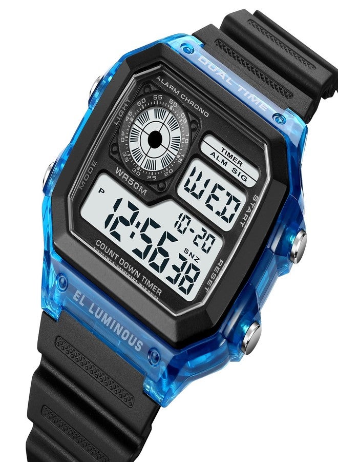 PASOY Mens Digital Multi-Function 2 Time Rubber Alarm Stopwatch Countdown Backlight Swim Waterproof Watch Large blue - Image 3