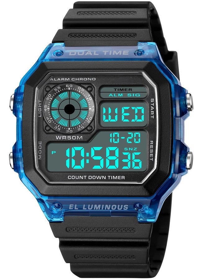 PASOY Mens Digital Multi-Function 2 Time Rubber Alarm Stopwatch Countdown Backlight Swim Waterproof Watch Large blue - Image 1