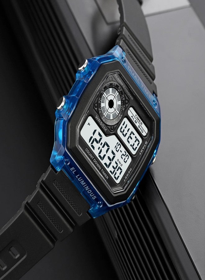 PASOY Mens Digital Multi-Function 2 Time Rubber Alarm Stopwatch Countdown Backlight Swim Waterproof Watch Large blue - Image 5