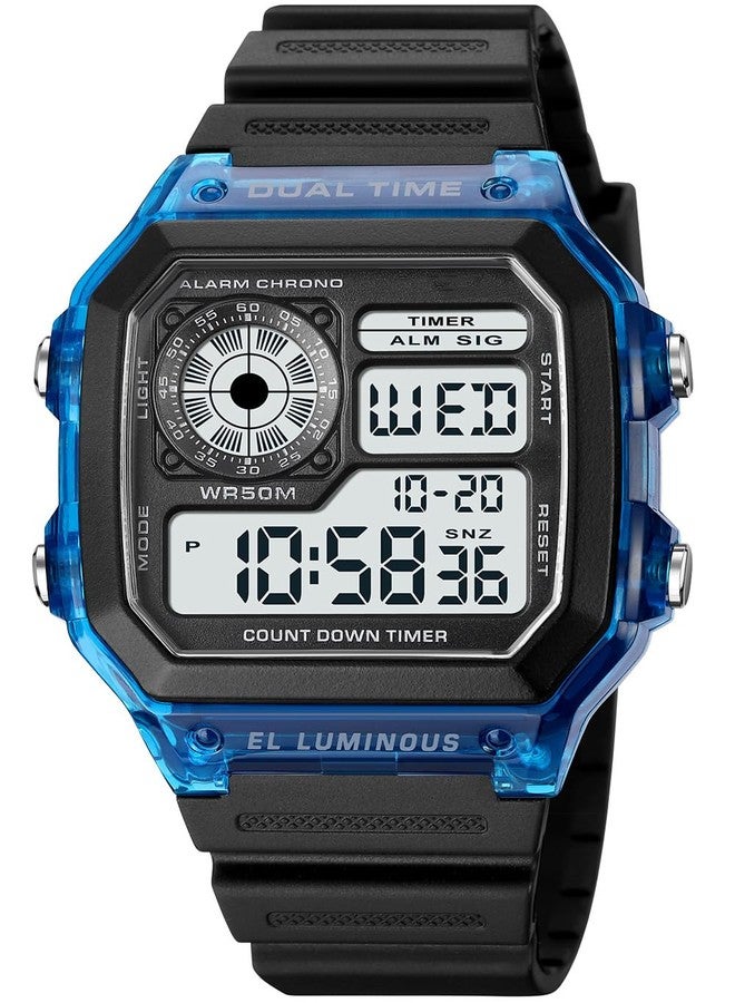PASOY Mens Digital Multi-Function 2 Time Rubber Alarm Stopwatch Countdown Backlight Swim Waterproof Watch Large blue - Image 2