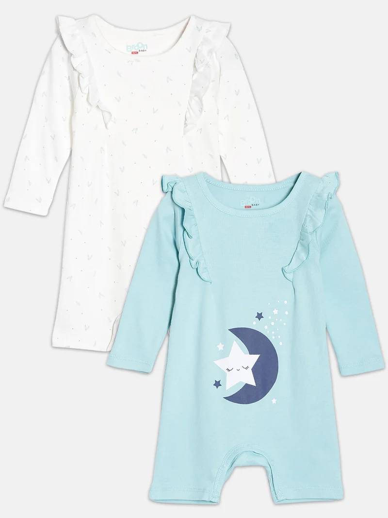 Broon Broon Infant Girls Sea Blue and White Printed Organic Cotton Rompers Pack of 2