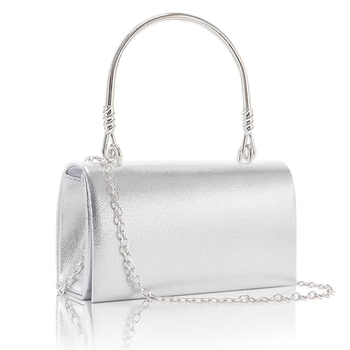 Larcenciel Clutch Purses for Women, Elegant Metallic Silver Evening Handbags with 2 Chain Straps, Fashion Vegan Leather Ladies Party Bags for Prom Wedding Cocktail Club Formal Events Nights Out, Small - Image 1