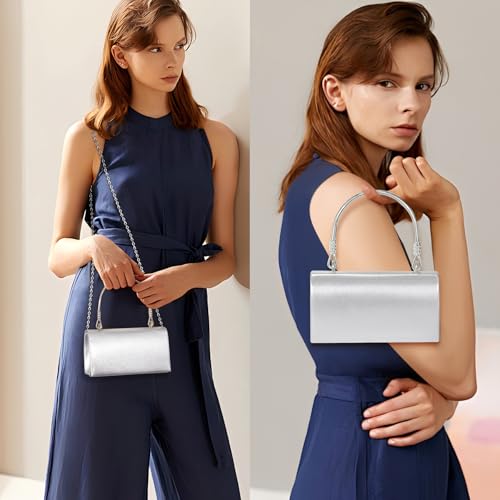 Larcenciel Clutch Purses for Women, Elegant Metallic Silver Evening Handbags with 2 Chain Straps, Fashion Vegan Leather Ladies Party Bags for Prom Wedding Cocktail Club Formal Events Nights Out, Small - Image 2