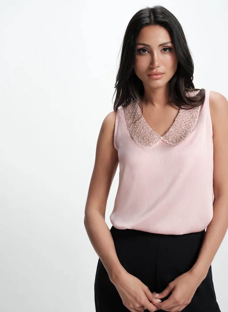 Zigzag Sleeveless Collar Attached Pink Top