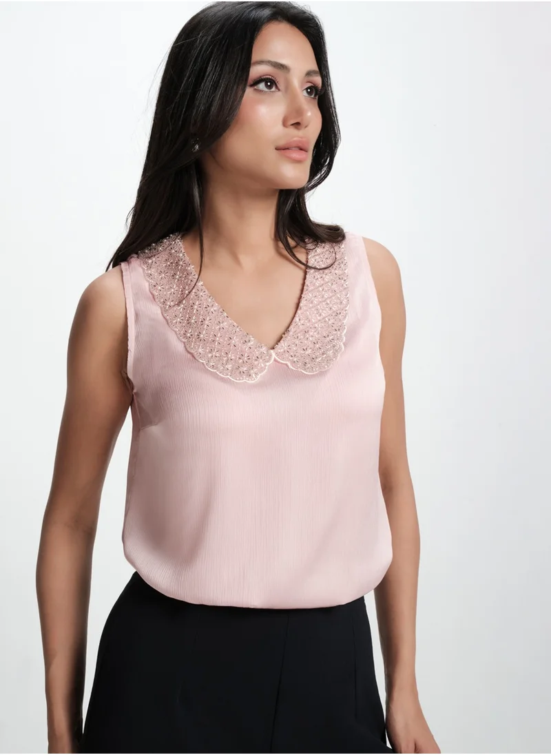 Zigzag Sleeveless Collar Attached Pink Top