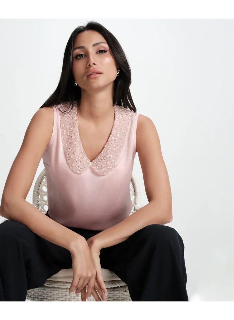 Zigzag Sleeveless Collar Attached Pink Top