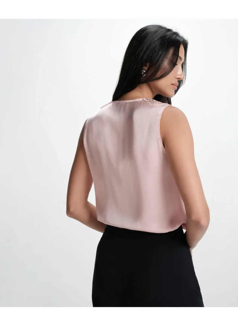 Zigzag Sleeveless Collar Attached Pink Top