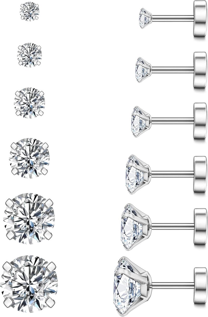 WSSXC 20G Hypoallergenic Flat Back Earrings for Women Men Silver 14K Gold Stainless Steel Stud Earrings Brithstone Cubic Zirconia Studs Surgical Steel Cartilage Earrings for Sensitive Ears - Image 1