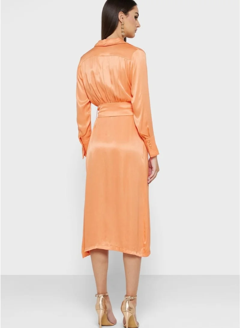Fashonara Silk Orange Long Sleeve Collared Shirt Dress