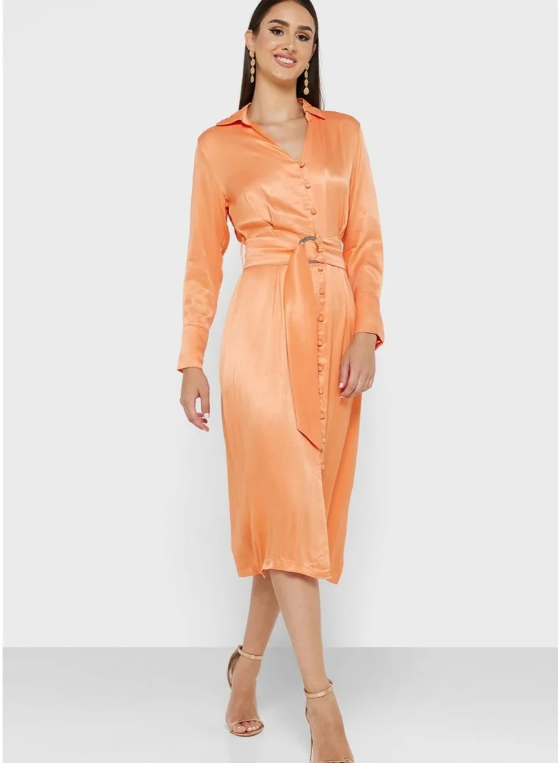 Fashonara  Silk Orange Long Sleeve Collared Shirt Dress for Women | Best Price UAE