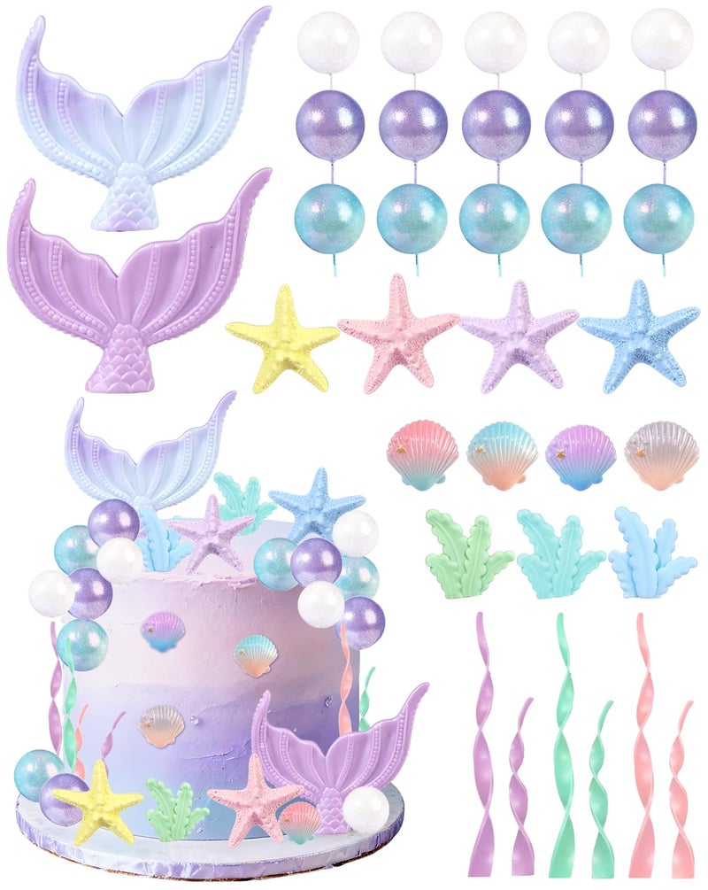 Glavatrix 34 Pcs Mermaid Cake Topper Under The Sea Cake Decorations With Mermaid Tail Seaweed Shells Starfish Ball Birthday Party Supplies for Baby Shower Birthday Gift - Image 3