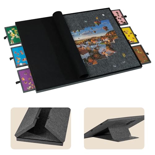 Tektalk 2000 Piece Foldable Jigsaw Puzzle Table with Cover 3TiltingAngle Plateau Lightweight Portable Felt Puzzle Board with 6 Sorting Drawers Dark Gray - Image 1
