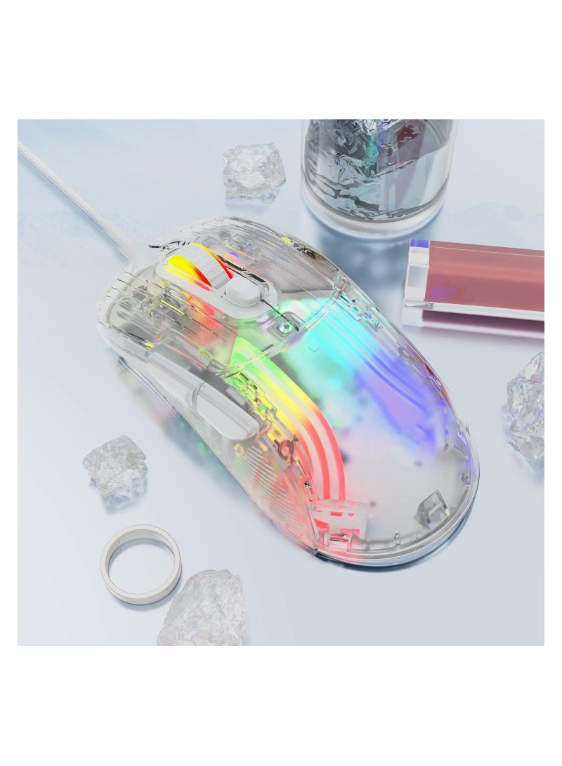 ماوس ألعاب USB سلكي شفاف، فأرة كمبيوتر ذات هيكل شفاف مع 12800 نقطة لكل بوصة بحد أقصى، وإضاءة خلفية RGB ثلاثية الأبعاد، ودقة عالية (أبيض) - Image 1
